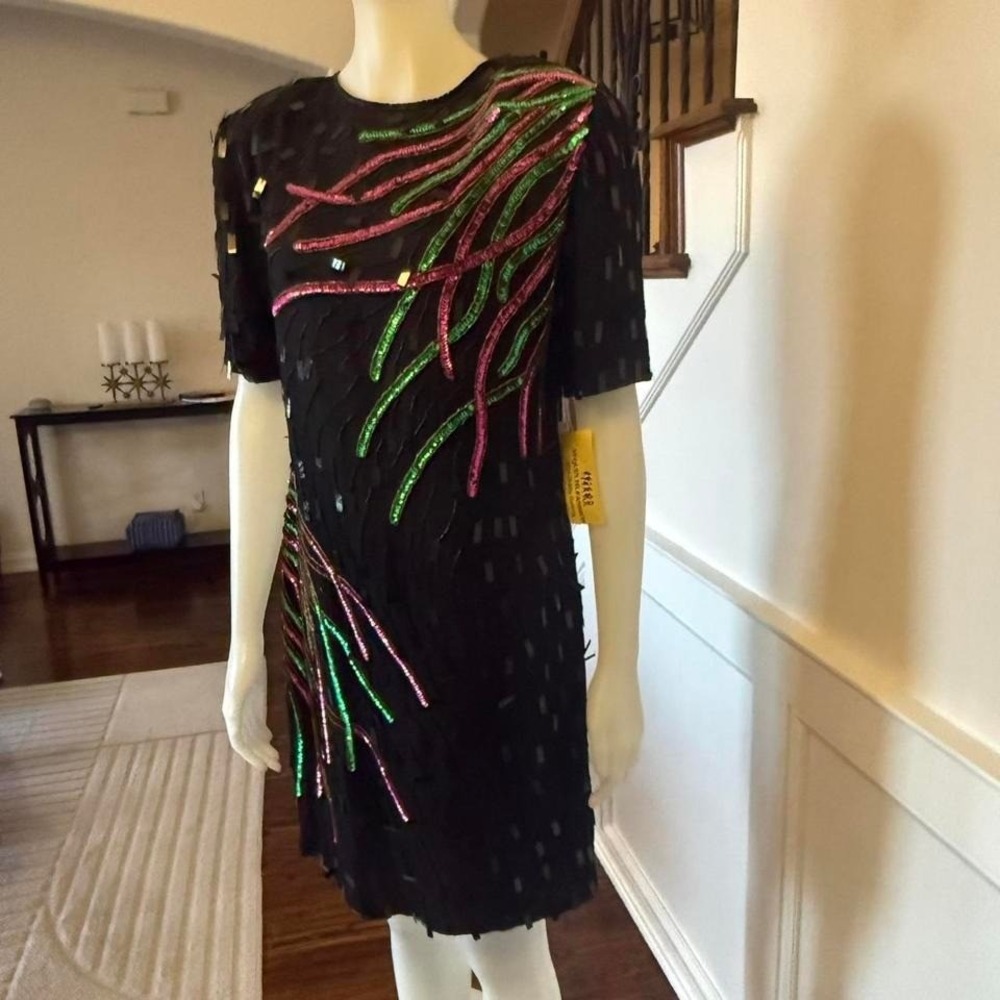 Black Silk Beaded Cocktail Dress‎ Beaded Sequin Party Dress (fits like a M,L)